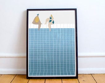 A3 Print, Art Prints, Artwork, Decor, Wall Art, Illustration, Swimmer Gift, Swimming Pool Art, Calming Wall Art, Summer, Series of Prints