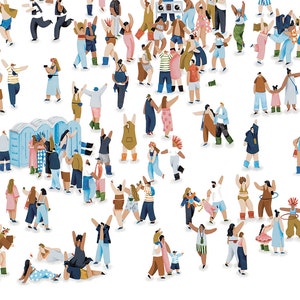 May include: A colorful illustration of a crowd of people dancing and socializing at a festival. The people are wearing a variety of clothing and accessories, and some are holding drinks or food. There is a blue portable toilet in the background.