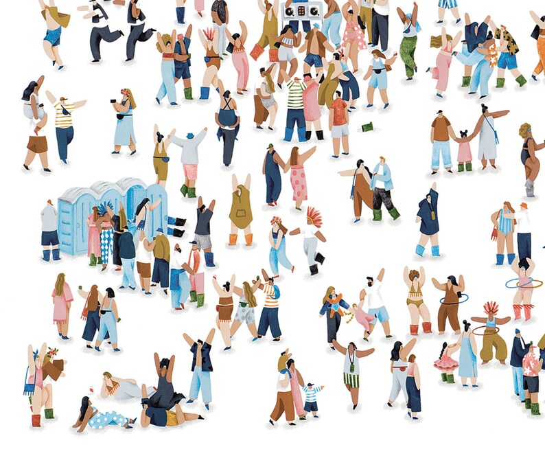 May include: A colorful illustration of a crowd of people dancing and socializing at a festival. The people are wearing a variety of clothing and accessories, and some are holding drinks or food. There is a blue portable toilet in the background.