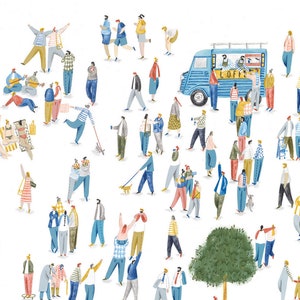 May include: A watercolor illustration of a busy outdoor scene with people of all ages and styles. There are trees, a coffee truck with the word "Coffee" on the side, and a dog. The people are all wearing different clothes and are doing various activities, such as walking, talking, and sitting.