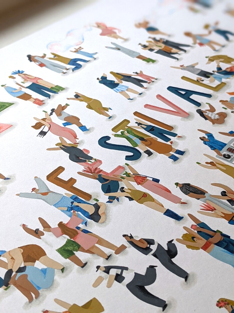 May include: A colorful illustration of people forming the word "Festival" with their bodies. The people are drawn in a cartoon style and are wearing a variety of clothing. The background is white.