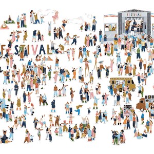 May include: A colorful illustration of a large crowd of people at a music festival. The crowd is gathered around a stage with the word "FESTIVAL" written on it. There are food trucks, tents, and other vendors in the background. The people are all dressed in different clothes and are enjoying themselves.
