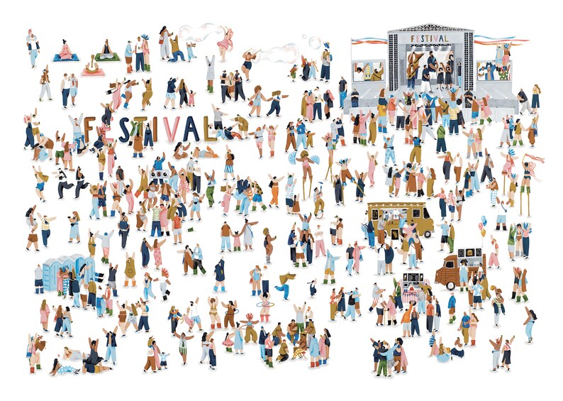 May include: A colorful illustration of a large crowd of people at a music festival. The crowd is gathered around a stage with the word "FESTIVAL" written on it. There are food trucks, tents, and other vendors in the background. The people are all dressed in different clothes and are enjoying themselves.
