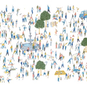 May include: A watercolor illustration of a busy park scene with people of all ages and backgrounds enjoying the outdoors. There are trees, a fountain, a food truck, a swing set, and a slide. The illustration is done in a whimsical style with bright colors and simple lines.