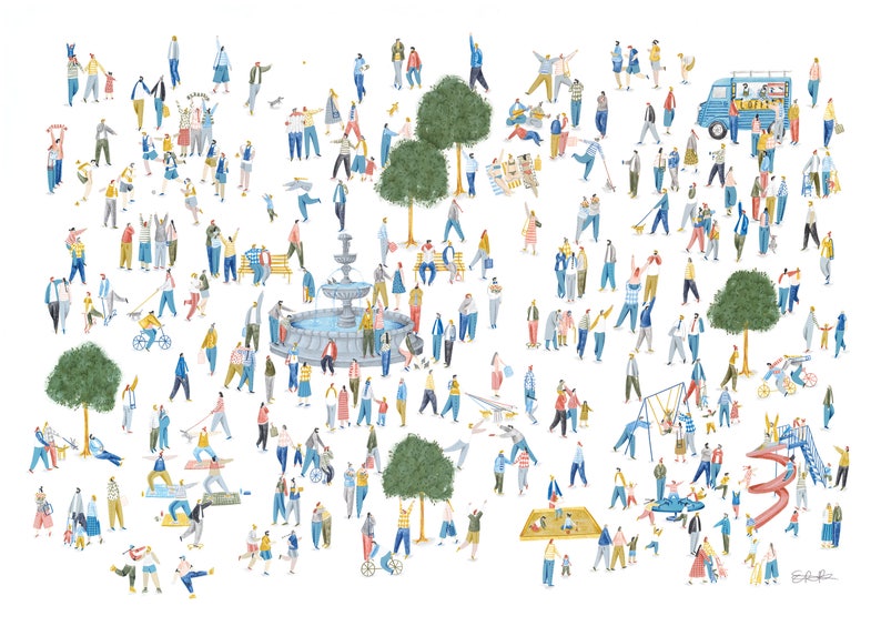 May include: A watercolor illustration of a busy park scene with people of all ages and backgrounds enjoying the outdoors. There are trees, a fountain, a food truck, a swing set, and a slide. The illustration is done in a whimsical style with bright colors and simple lines.