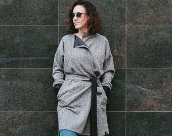 Long Sweater Coat, Oversized Women Cardigan, Wrap Belt Sweater, Gray Embossed Cardigan, Long Sweater with Pockets, Casual Wrap Coat