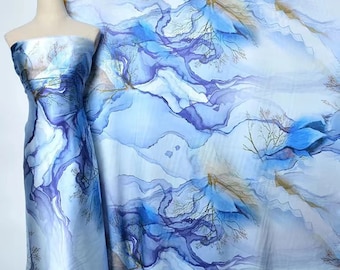 Uniquely designed 2024ss New print Silk Satin Fabric,abstract hand paint tree,For silk kimono,silk robe,silk kaftan;silk scarf