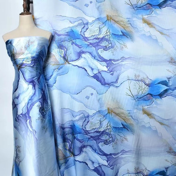 Uniquely designed 2024ss New print Silk Satin Fabric,abstract hand paint tree,For silk kimono,silk robe,silk kaftan;silk scarf