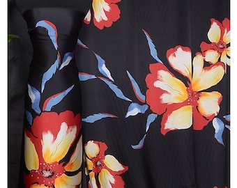 Tela de satén de seda, estampado floral abstracto de gran tamaño, para prendas de vestir, por metro, tela de seda con estampado floral de acuarela, tela de seda beige