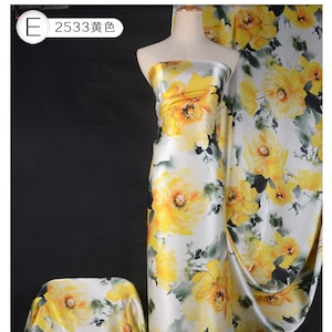 Luxury floral Prints 100% pure silk satin fabric orange yellow sky blue silk 19mm width 44inch for silk robe silk kimono