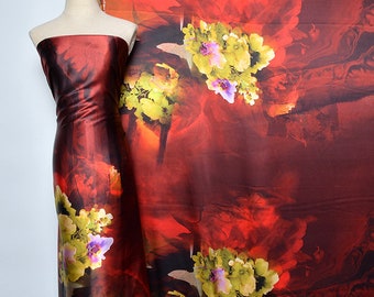 Tela de satén de seda con estampado nuevo 2024ss de diseño exclusivo, diseño floral abstracto, para kimono de seda, bata de seda, top de seda, diseñador de moda