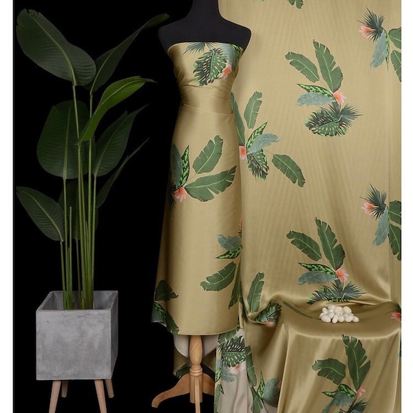 Magnifique tissu en satin de soie, belles feuilles, pour caftan en soie, jupe, pyjama en soie, foulards en soie, robe en soie, haute couture