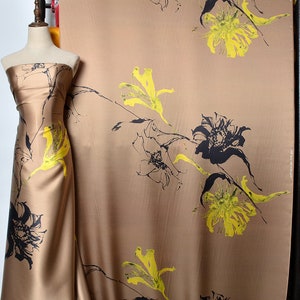 New print Silk Satin Fabric,Beautiful abstract hand painted flowers,For silk kimono,silk robe,silk kaftan,evening gown.