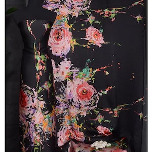 Haute couture hand paint floral design luxury pure silk satin fabric for silk robe silk kimono craft evening wear,wedding gown by meter