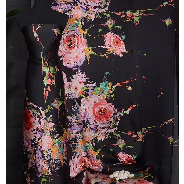 Haute couture peinture à la main design floral luxe pur satin de soie tissu pour robe de soie kimono de soie artisanat tenue de soirée, robe de mariée au mètre