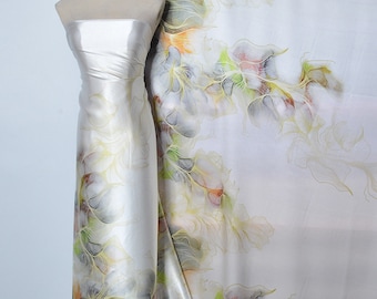 Uniquely designed 2024ss New print Silk Satin Fabric,abstract hand paint floral,For silk kimono,silk robe,silk kaftan;evening gown