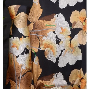 Large Big floral Print 100% pure silk satin fabric by hand screen print black pink sky blue silk 19mm width 44inch for silk robe silk kimono