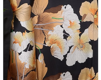 Large Big floral Print 100% pure silk satin fabric by hand screen print black pink sky blue silk 19mm width 44inch for silk robe silk kimono