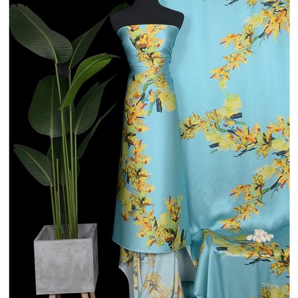 Vintage oil Printed floral charmeuse Silk Satin Fabric haute couture for silk kimono silk robe silk kaftan silk dress by meter