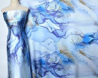 Uniquely designed 2024ss New print Silk Satin Fabric,abstract hand paint tree,For silk kimono,silk robe,silk kaftan;silk scarf