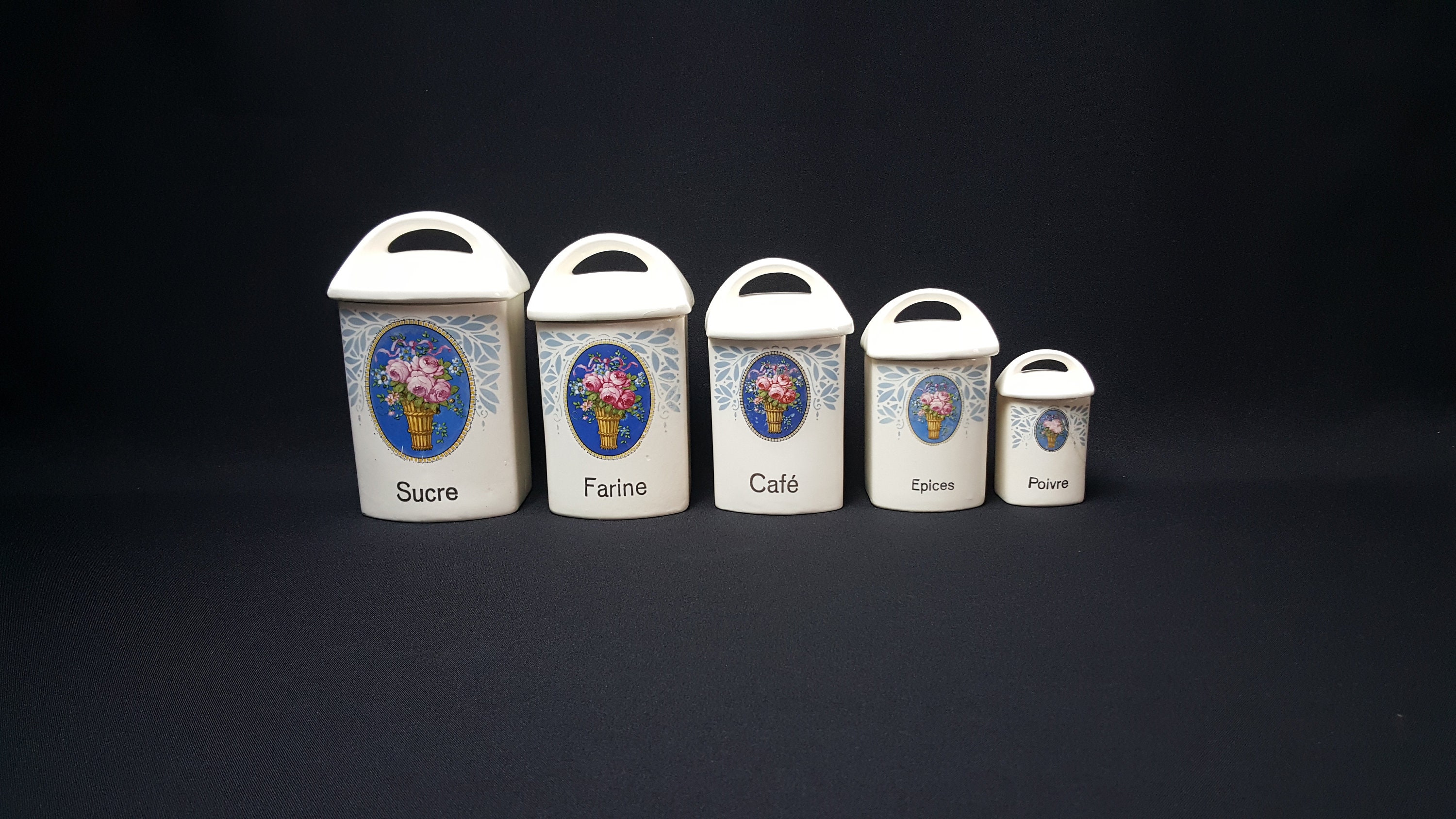 Pots à Épices en Porcelaine , Décoration de Cuisine, Pots Cuisine Céramique Années 1950 Vintage Fabr