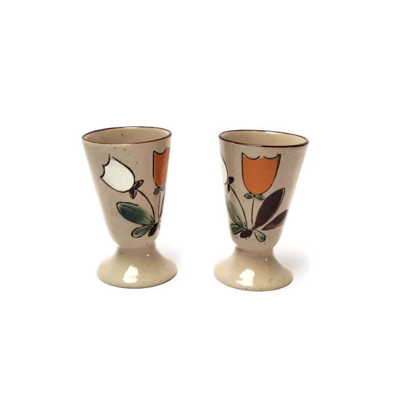 Lot de 2 Mazagrans à Motif Tulipes en Grès Émaillé Vintage