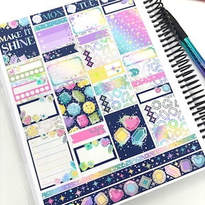 Holographic Foil Weekly Planner Stickers: Rainbow Crystals and Gemstones, Vertical Layout