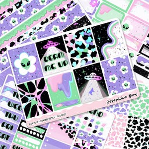 Holographic Foil Weekly Planner Stickers | Standard Vertical Kit | Alien Cow Print | Cute Space Theme | 1.5 inch Planner