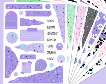 May include: A set of planner stickers with a dreamy, space-themed design. The stickers feature torn paper edges, stars, and pastel colors like lavender, mint, and pink. Includes labels for each day of the week and decorative shapes. The text "I PG JOURNALLING KIT BEAM ME UP - HYPERSPACE" is visible.