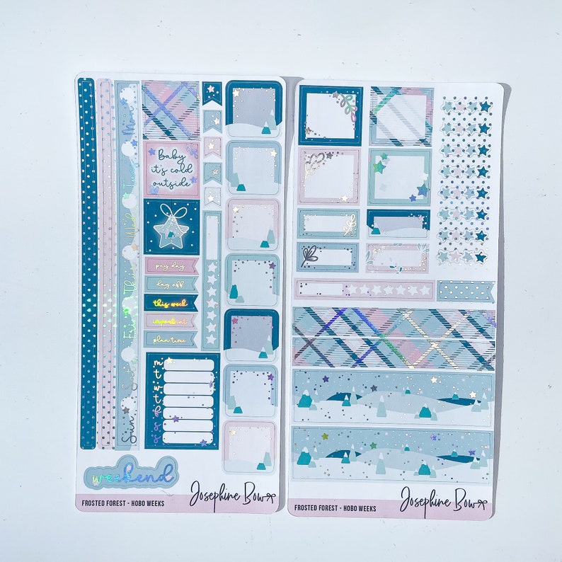 Puede incluir: Un conjunto de pegatinas para planificador con tem&aacute;tica invernal. Las pegatinas presentan un patr&oacute;n de cuadros azul y rosa, copos de nieve, estrellas y el texto "Baby it's cold outside".
