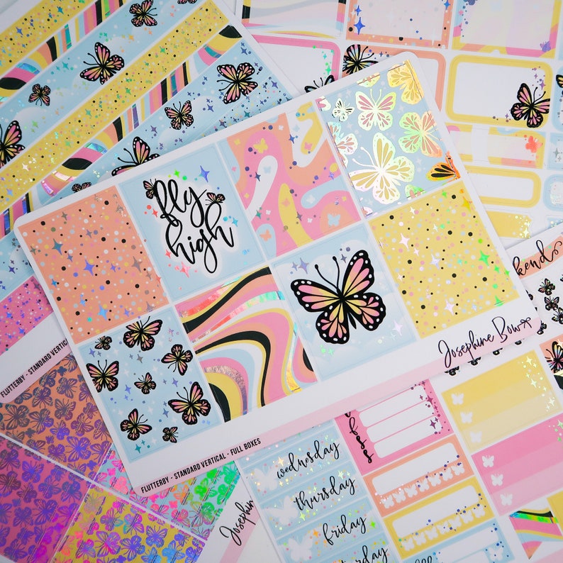 FLUTTERBY planner stickers foiled stickers Standard Vertical Weekly Kit HOLO foil butterflies image 1