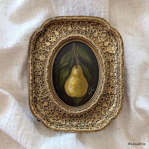 Galeria de arte de parede para decoração de cozinha, decoração vintage oval de comida vitoriana, pequena pintura a óleo ORIGINAL, decoração de chalé com moldura de pera, arte para presentear