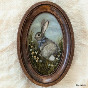 Decoração de casa de campo, pintura a óleo ORIGINAL, pintura de coelho, decoração, arte emoldurada de coelho, galeria de parede vintage para casa, arte emoldurada oval