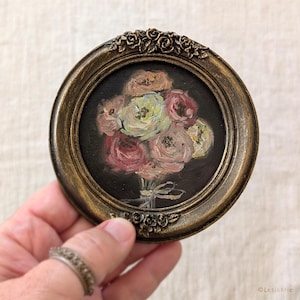 Pintura al óleo original de flor vintage de peonía, arte de pared de casa de campo francesa, arte floral enmarcado adornado, regalo único para amantes del arte.
