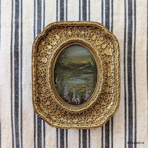 Pintura a óleo de paisagem vintage, moldura dourada oval, arte original em óleo, estilo vitoriano, arte vintage, cottagecore, presente estético para ela