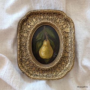 Galeria de arte de parede para decoração de cozinha, decoração vintage oval de comida vitoriana, pequena pintura a óleo ORIGINAL, decoração de chalé com moldura de pera, arte para presentear