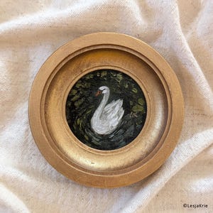 Miniature Swan ORIGINAL oil Painting: Framed Cottagecore bookshelf decor, Unique one of a kind vintage lover gift for her
