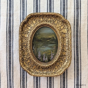 Pintura a óleo de paisagem vintage, moldura dourada oval, arte original em óleo, estilo vitoriano, arte vintage, cottagecore, presente estético para ela