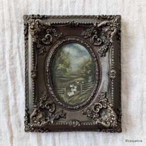 Pintura de ovejas, decoración de cabaña francesa, estilo victoriano antiguo vintage, pintura al óleo ORIGINAL, arte paisajístico de Chateaucore, arte ovalado enmarcado