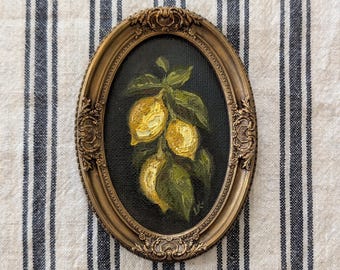Pintura a óleo ORIGINAL de Limão emoldurada: Arte de Cozinha Francesa Vintage