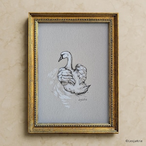 ORIGINAL Swan Ink Watercolor Painting: French Vintage Art, UNFRAMED