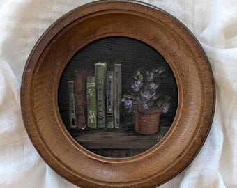 Book lover gift: ORIGINAL bookshelf wall decor for vintage lover, unique framed oil painting