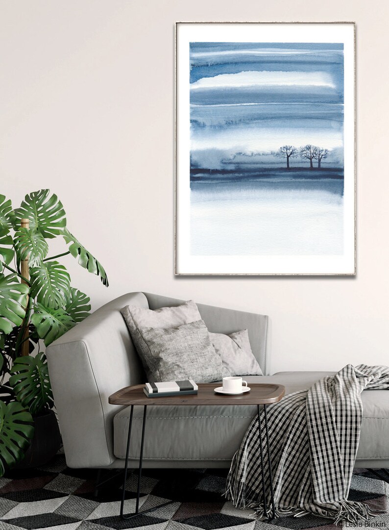 Abstract XL monochrome poster Indigo large instant print Blue watercolor landscape printable artwork Large living room blue wall art