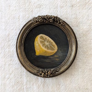 Decoración de cocina pequeña redonda PINTURA AL ÓLEO ORIGINAL, Arte de comida de limón, Decoración de pared de galería enmarcada, Decoración vintage para el hogar, Regalo para madre para ella