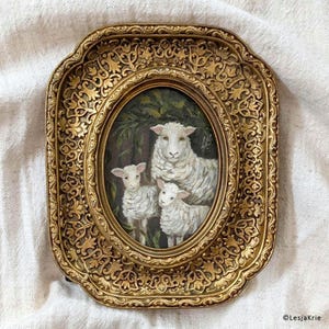 Pintura de ovelha com moldura dourada oval ORIGINAL pintura a óleo Chateaucore casa vitoriana estilo vintage arte Cottagecore decoração estética presente para ela