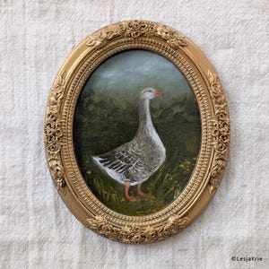 Pintura a óleo ORIGINAL de ganso, arte de parede vintage francesa oval para galeria de casa, arte Cottagecore de Lesja Krie, arte emoldurada para presente, presente para ela