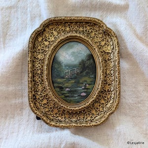 Regalo de arte de estilo vintage, pintura al óleo original de paisaje enmarcado, decoración rústica del hogar, decoración tradicional de granja, obra de arte ovalada con marco dorado