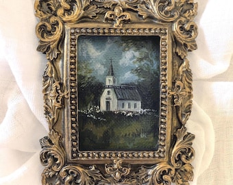 Religiös kyrklig ORIGINALmålning: Fransk landsbygdskonst i vintageram