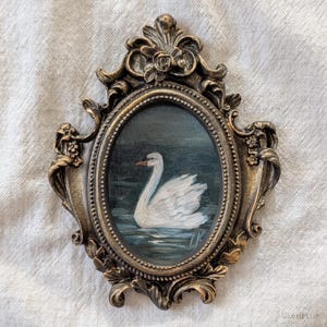 Pintura a óleo ORIGINAL de cisne pequeno, arte oval emoldurada para campo, decoração vintage vitoriana de parede de galeria, arte impressionista, presente para amigo