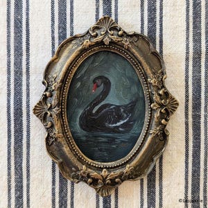 Swan impasto Impressionist oil painting: ORIGINAL vintage style franed artwork for bookshelf decor